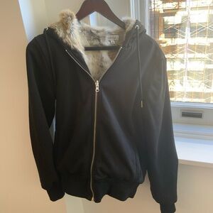 Barneys New York Black Bomber Jacket Lined with Real Fur with Zipper